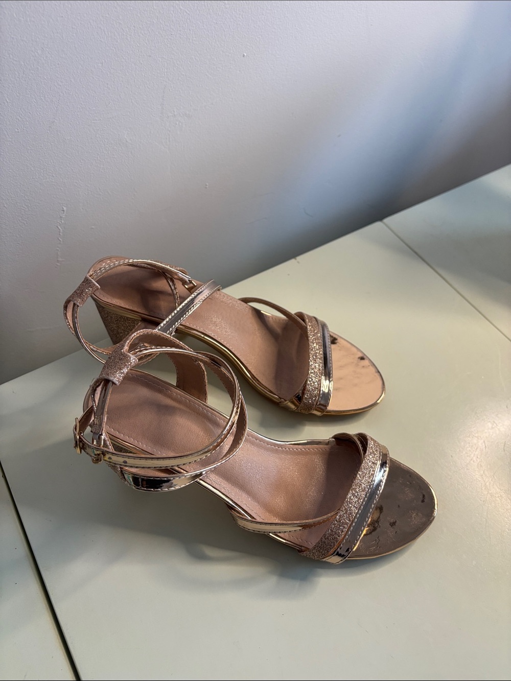 Metallic Rose Gold Strappy Low Block Heel Sandals - Picture 5 of 7